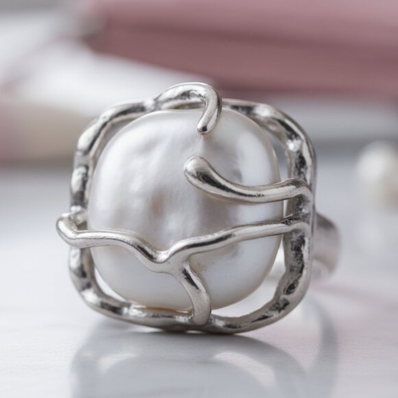 π S925 Sterling Silver Adjustable Baroque Pearl Statement Ring Elegant Design - Picture 12 of 14